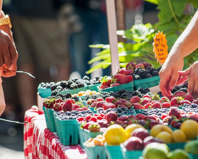 person buying fresh produce from a farmers market vendor