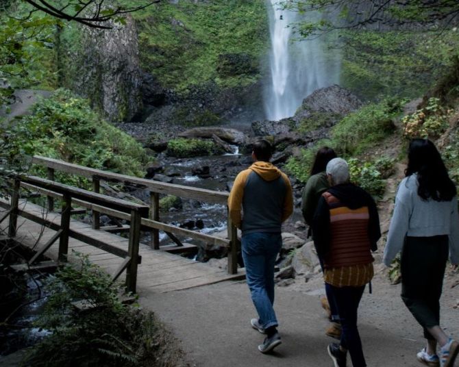 Four people walk toward a waterfall.