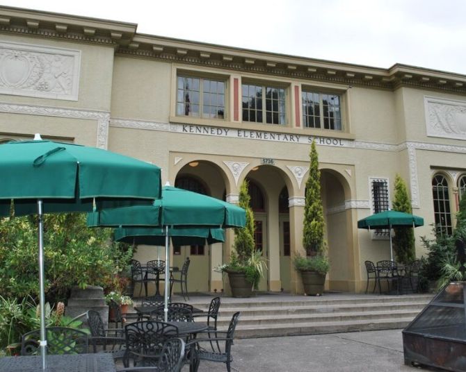 Exterior of a historic school building converted into a hotel