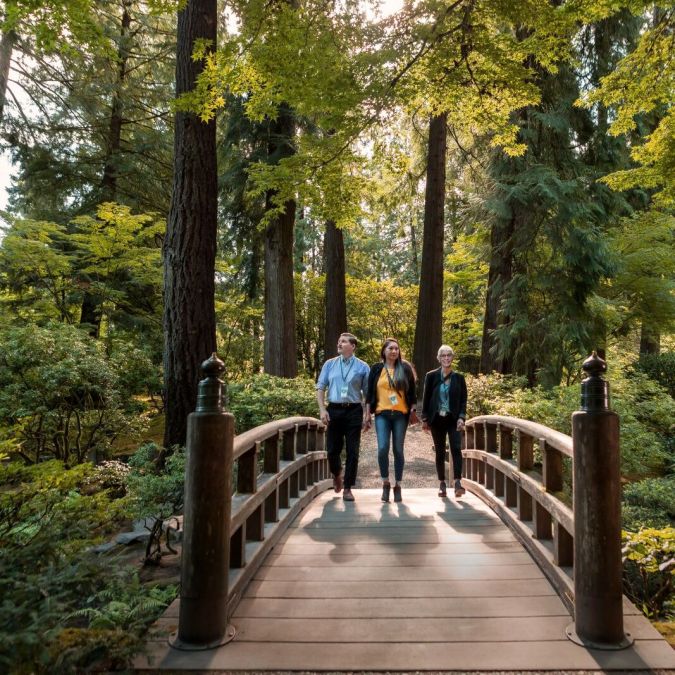Three people walking over a wooden bridge surrounded by trees.