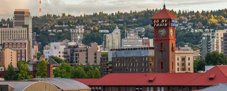 Union Station set against the backdrop of Portland\'s skyline