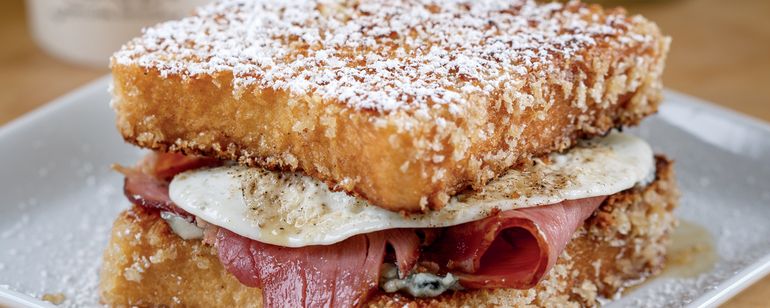 A french toast sandwich with savory filling