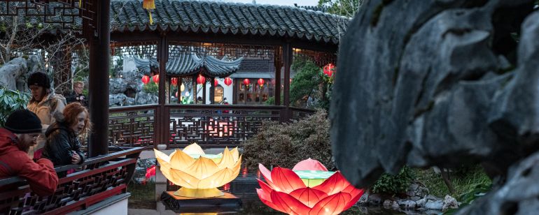large lotus shaped lanterns sit in the water with people gazing over a koi pond in a traditional Chinese garden