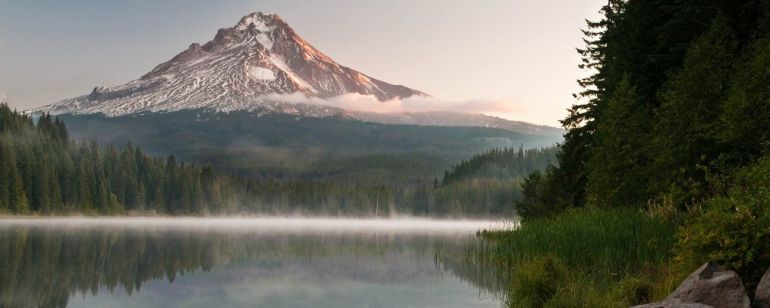 Mount Hood reflected in the water of Trillium lake