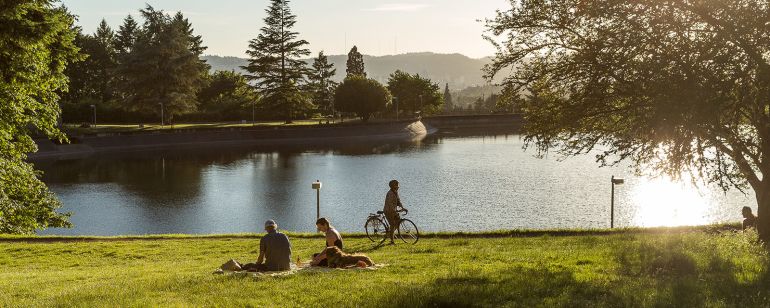 a biker and two picnicking people in front of a tree lined reservoir