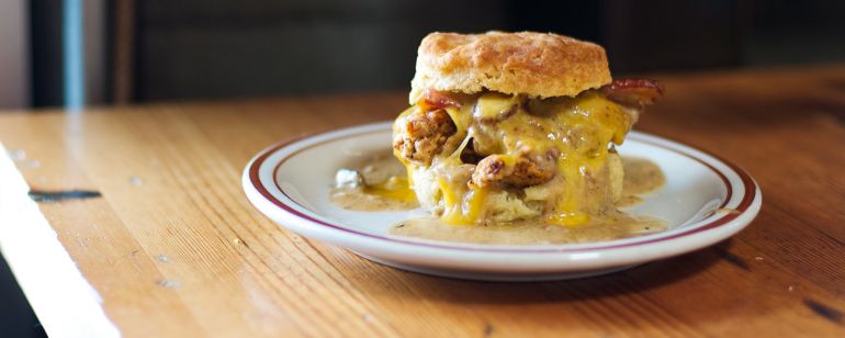 A biscuit sandwich on a plate