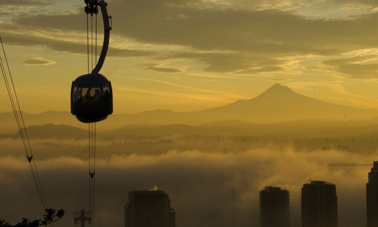 Portland Aerial Tram with Mt. Hood is visible in background horizon