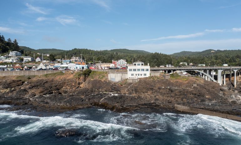 an aerial view of a whale watching center and the surrounding town