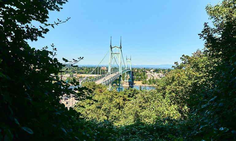 st. johns bridge seen through trees