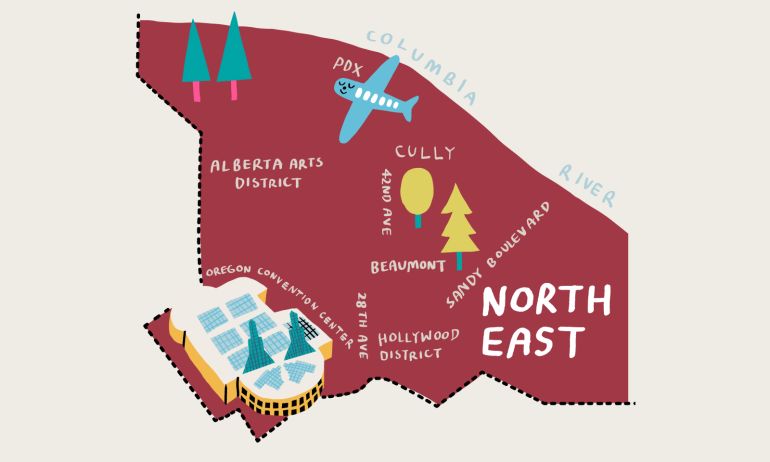 a colorful map of Northeast Portland highlighting prominent neighborhoods and landmarks