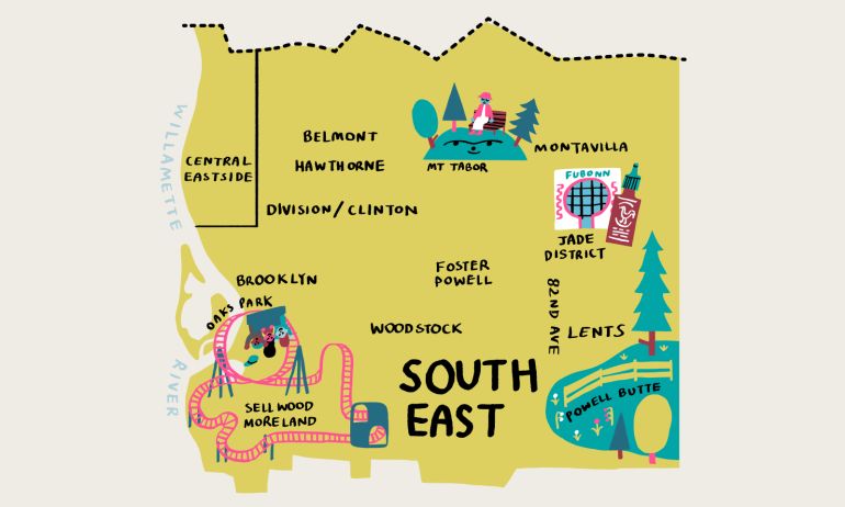 a colorful map of Southeast Portland highlighting prominent neighborhoods and landmarks