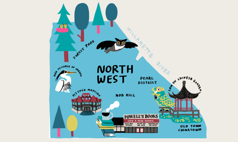 a colorful map of Northwest Portland highlighting prominent neighborhoods and landmarks