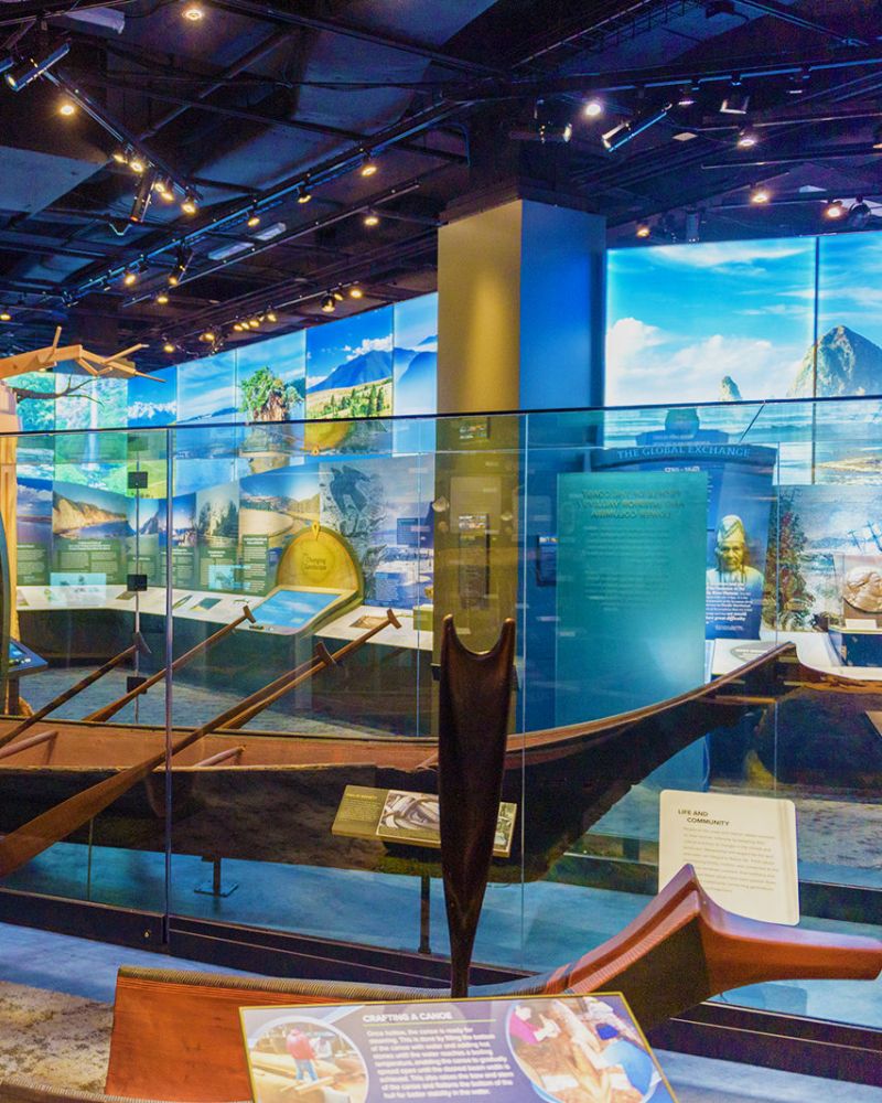 a museum exhibit featuring a wooden canoe