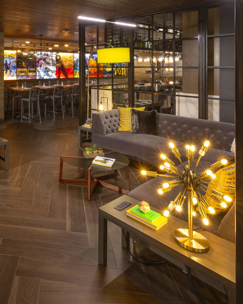 The modern chic lobby at the Silver Cloud Portland hotel.