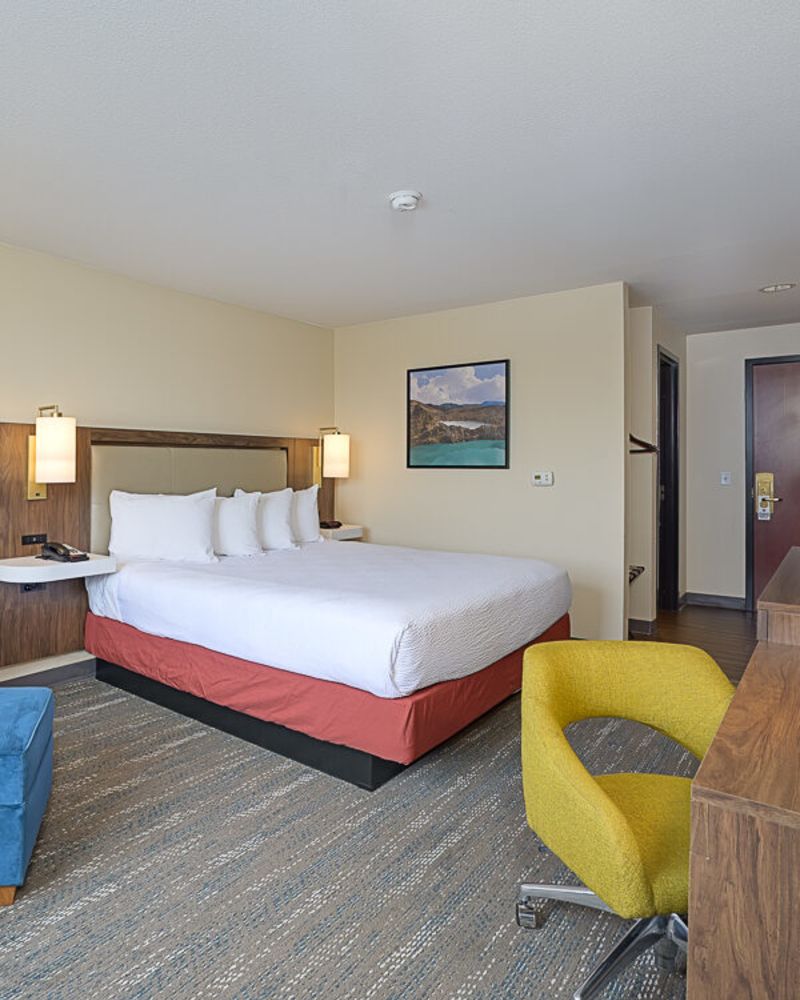 a large bed and other modern furniture in a well-appointed hotel room