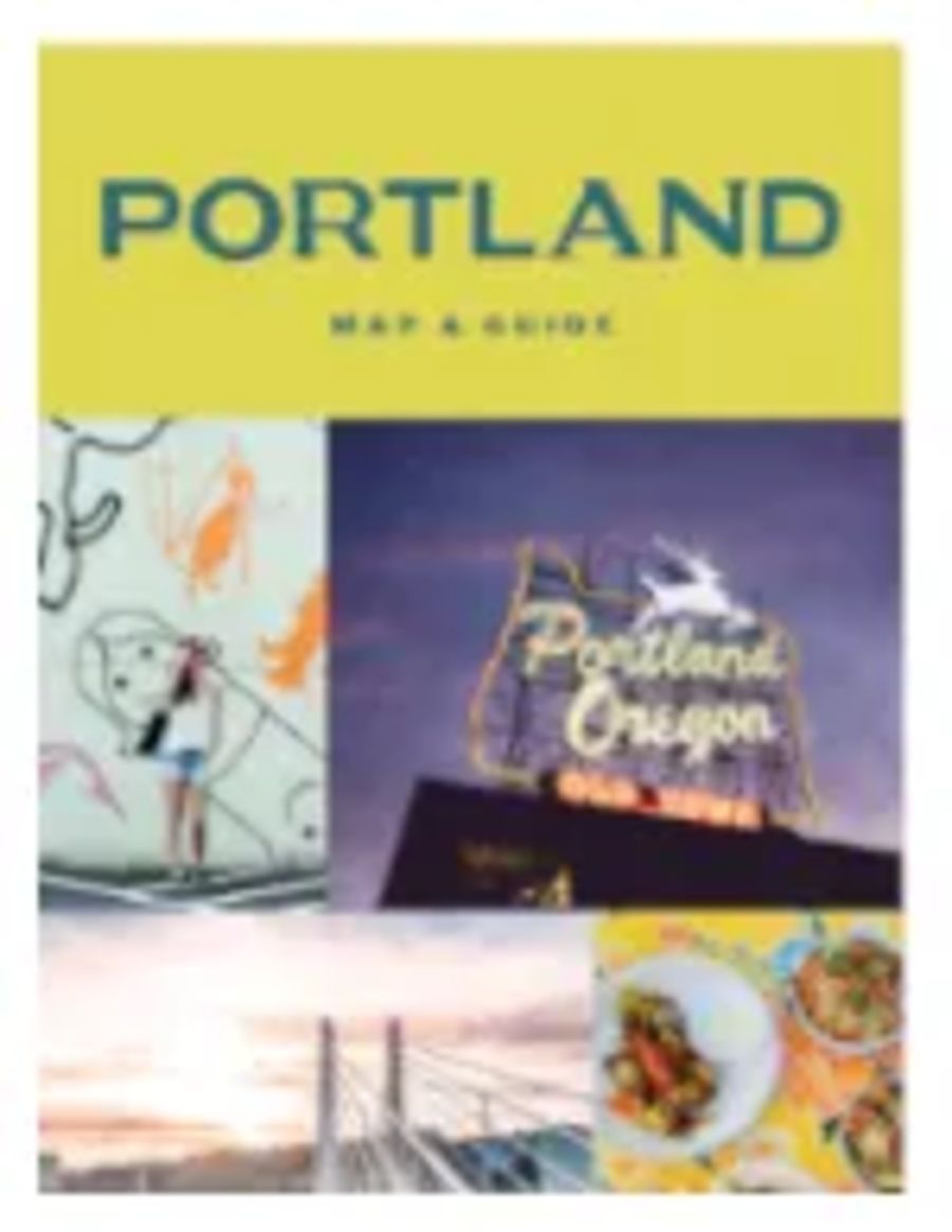 guide cover with images of sights around Portland; the white stag sign, the Tilikum Crossing, and food.