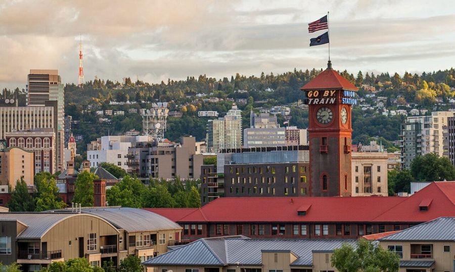 Union Station set against the backdrop of Portland's skyline