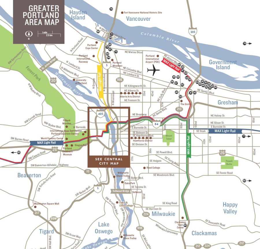 white map with light brown lines representing major roads of the greater Portland area