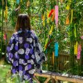 A child wearing a kimono looks at strips of paper with wishes written on them in a bamboo allee.
