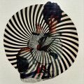 Collage of woman astronaut on top of a black and white psychedelic circle.