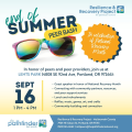 Colorful event flyer promoting 'End of Summer Peer Bash' at Lents Park in Portland on September 16 from 1 to 4 PM.
