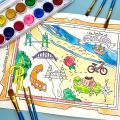 Photo of a watercolor paint set and brushes alongside a half-painted picture of a coloring page made to look like a fantasy world map of Portland