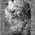 a black and white drawing of a monster with wings in a wooded area