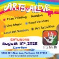 Arts Alive Hosted by Free Arts NW. Face painting, auction, live music, food vendors, local art vendors, art activities. Saturday August 16, 2025 12pm-5pm. Located at 5530 SE 122nd Ave, Portland, OR 97236 in the Arte Soleil Parking Lot