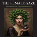 A black-robed, green-eyed Medusa stares intently at the viewer, holding a tiny grand piano in her hand
