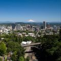 Mount Hood behind the Portland city skyline
