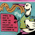 a drawing of a bird holding a banner in its mouth over the dates of the event