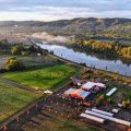 aerial view of a farm with a corn maze
