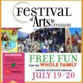 poster for arts festival with details in text and an image of booths and shoppers