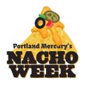a graphic image of a tortilla chip loaded with nacho toppings and Nacho Week in text