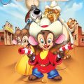 a cartoon image of two mice, a cat and a dog in the wild west