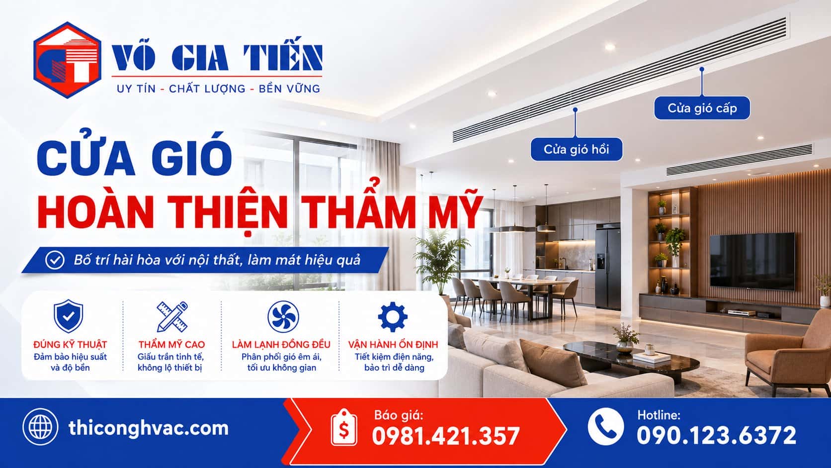 Cửa gió cấp và cửa gió hồi máy lạnh âm trần nối ống gió sau hoàn thiện