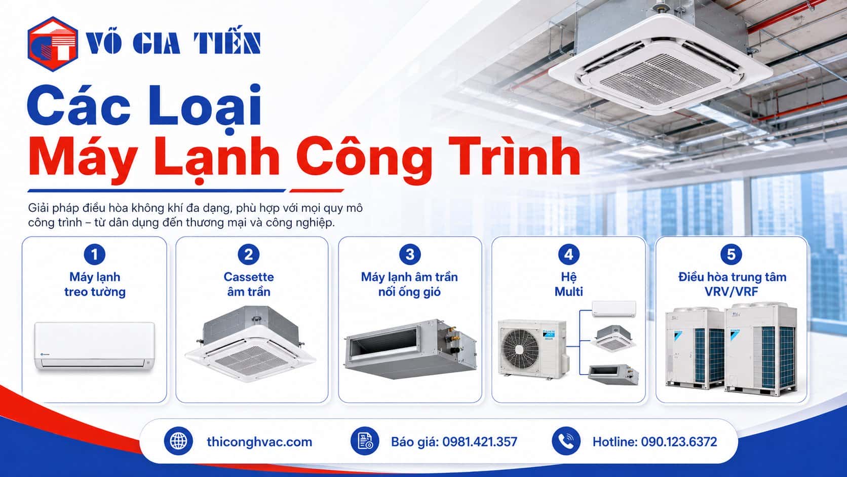 Các loại máy lạnh công trình — treo tường, cassette, âm trần nối ống gió, VRV/VRF