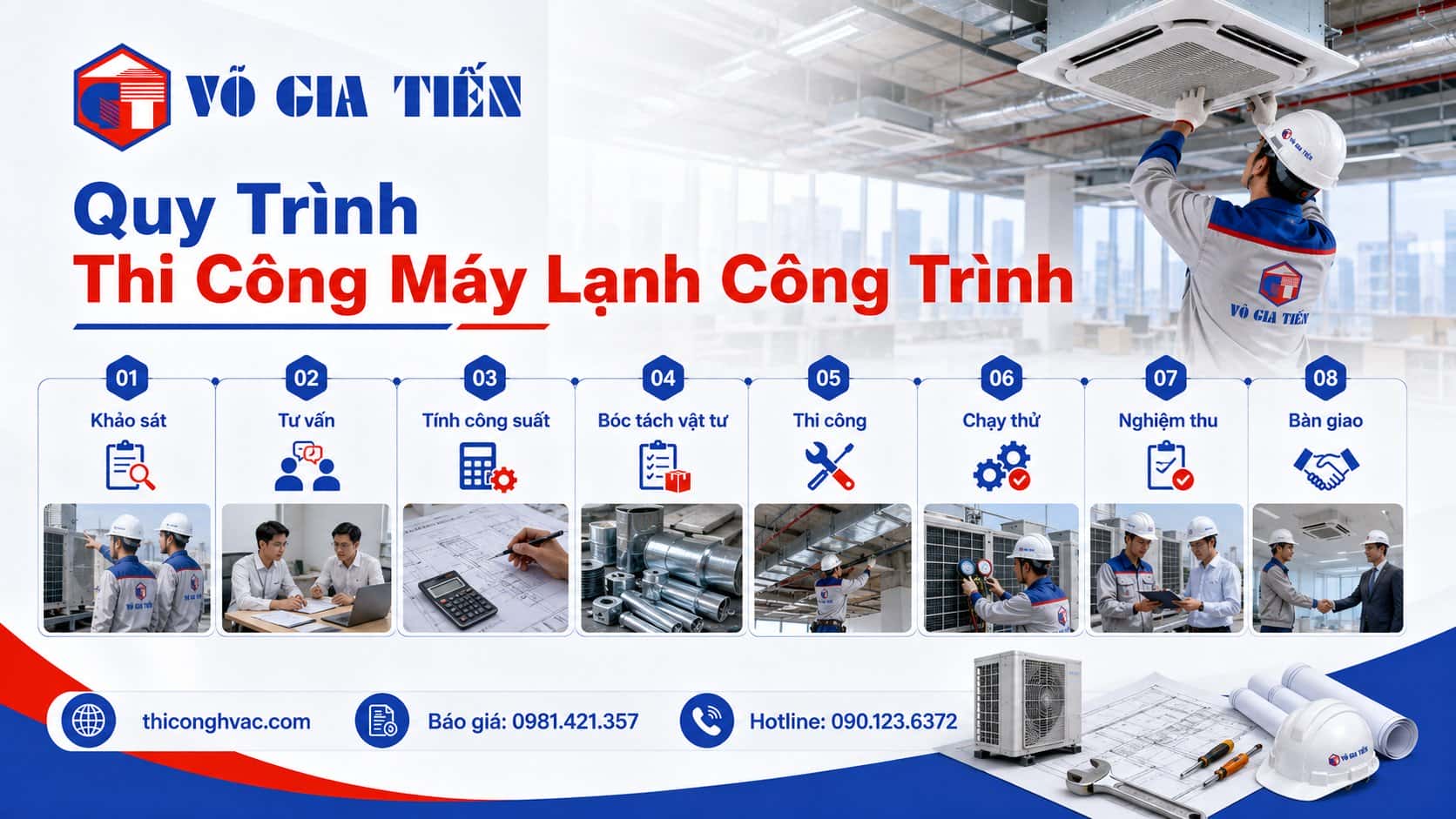 Quy trình thi công máy lạnh công trình — khảo sát, tư vấn, thi công, chạy thử, nghiệm thu