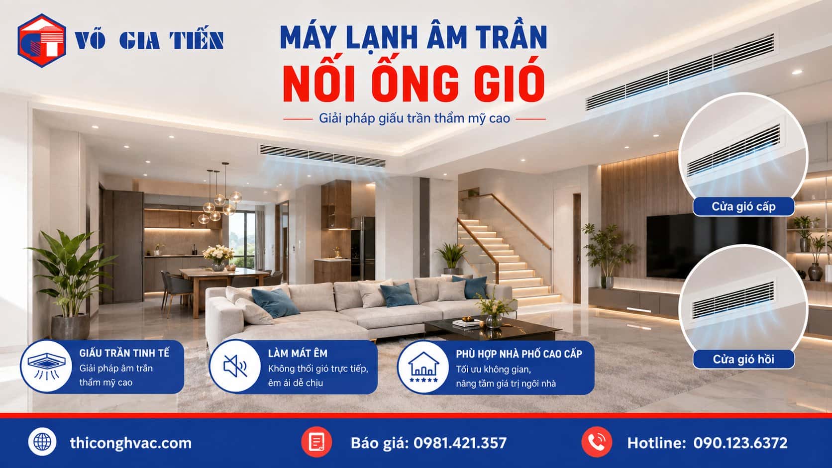 Máy lạnh âm trần nối ống gió cho nhà phố cao cấp với thiết kế giấu trần thẩm mỹ