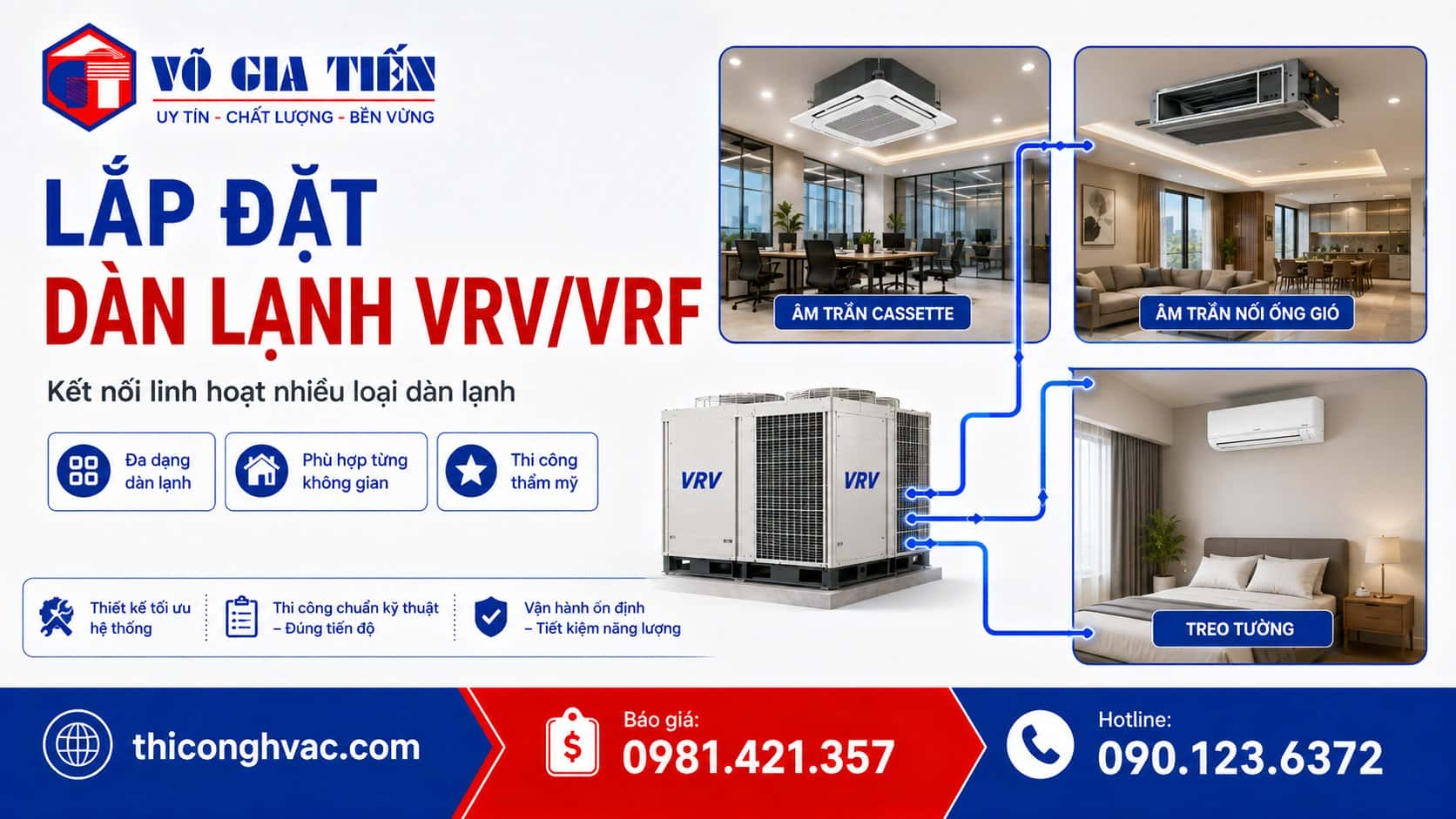 Các hạng mục thi công VRV/VRF gồm ống đồng, dây tín hiệu