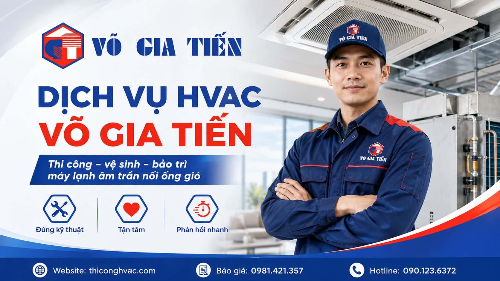 Kỹ thuật viên Võ Gia Tiến vệ sinh máy lạnh âm trần nối ống gió