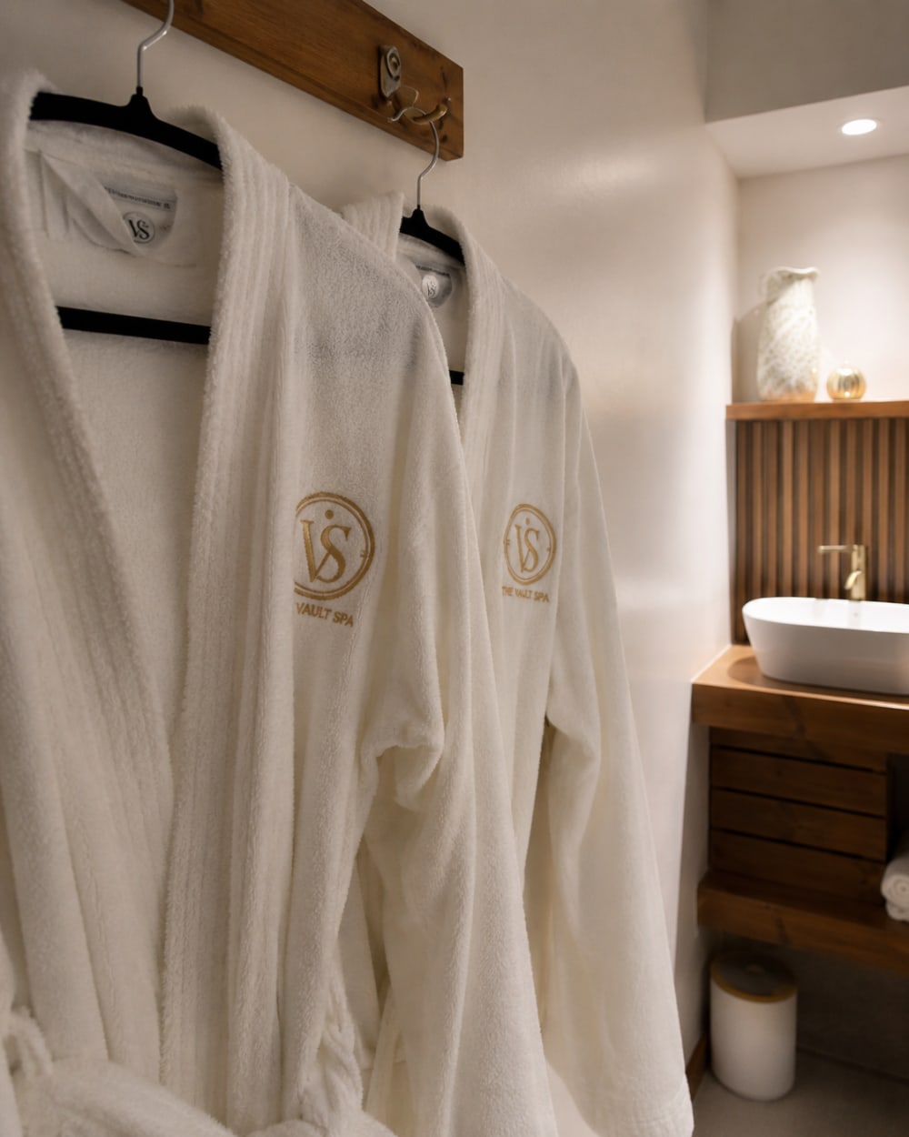 Soft branded robes hanging ready for guests at The Vault Spa