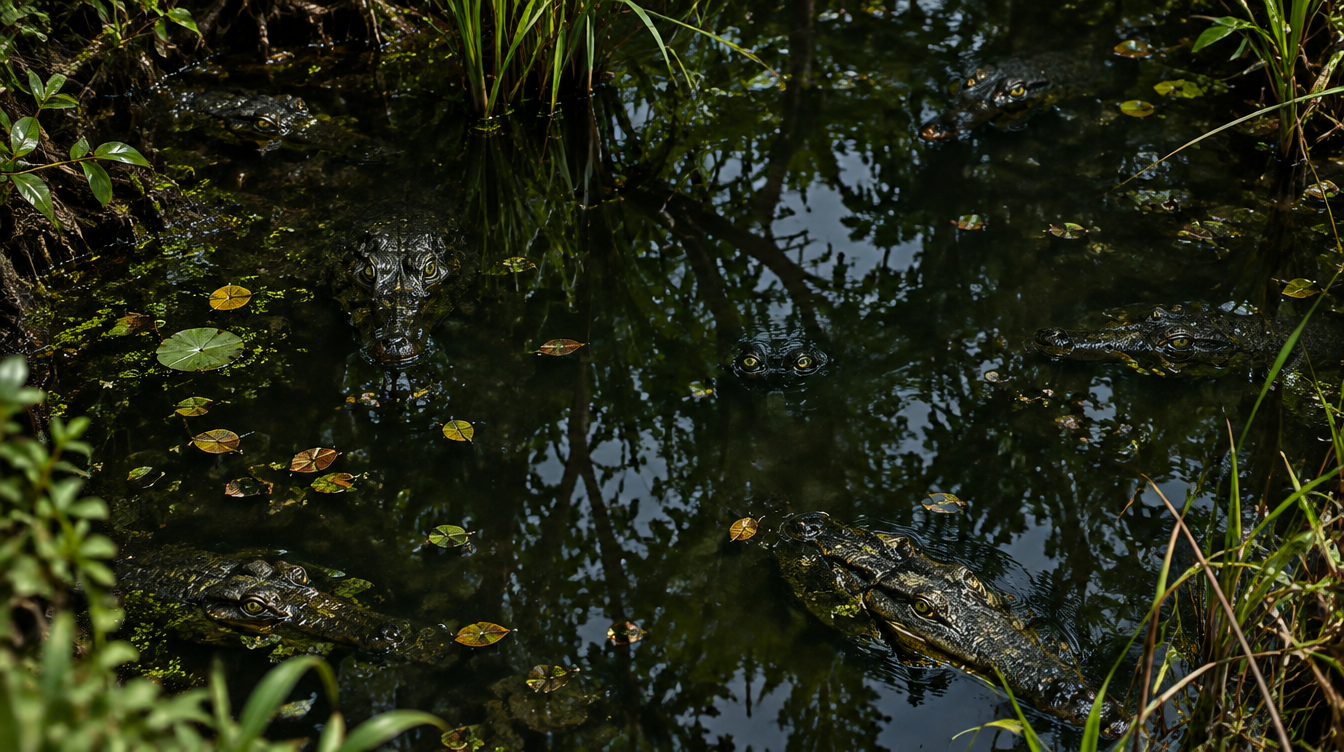 Dark swamp water with hidden crocodiles