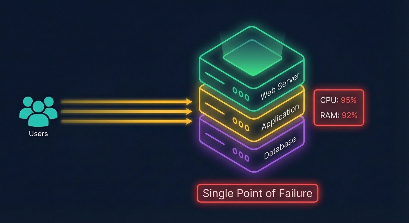 Single server architecture showing CPU and RAM at critical levels