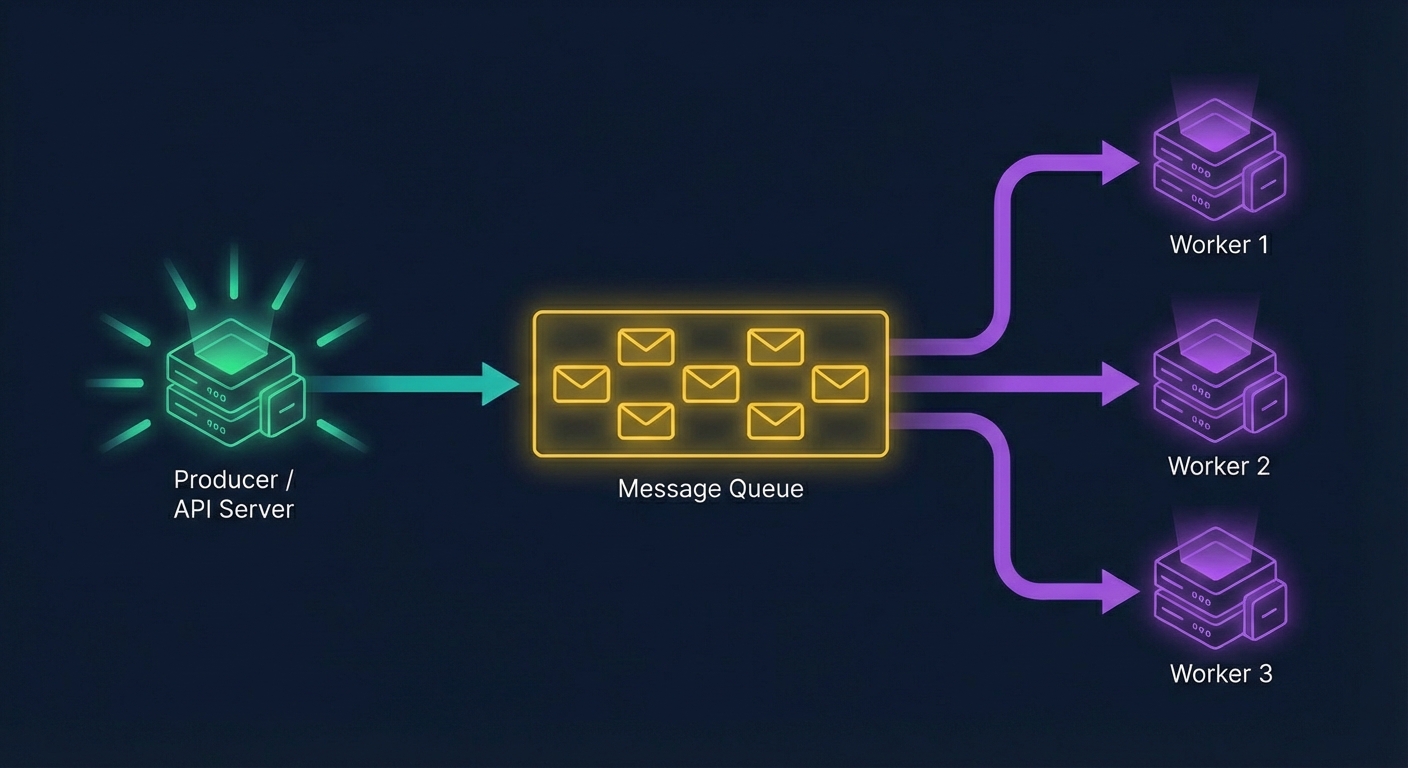 Message queue pattern: Producer sends to queue, workers consume