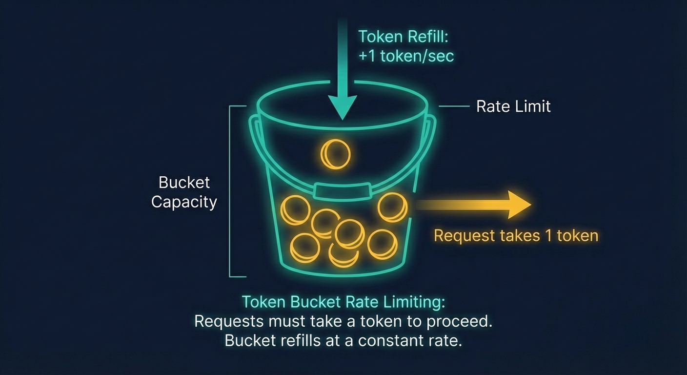 Token bucket rate limiting: tokens refill over time, requests consume tokens