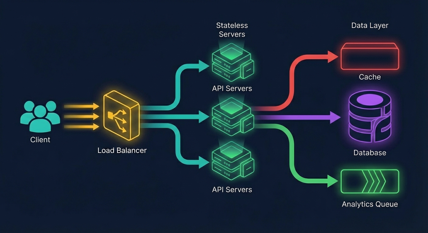 URL shortener high-level design: Client, Load Balancer, API servers, Cache, Database, Analytics