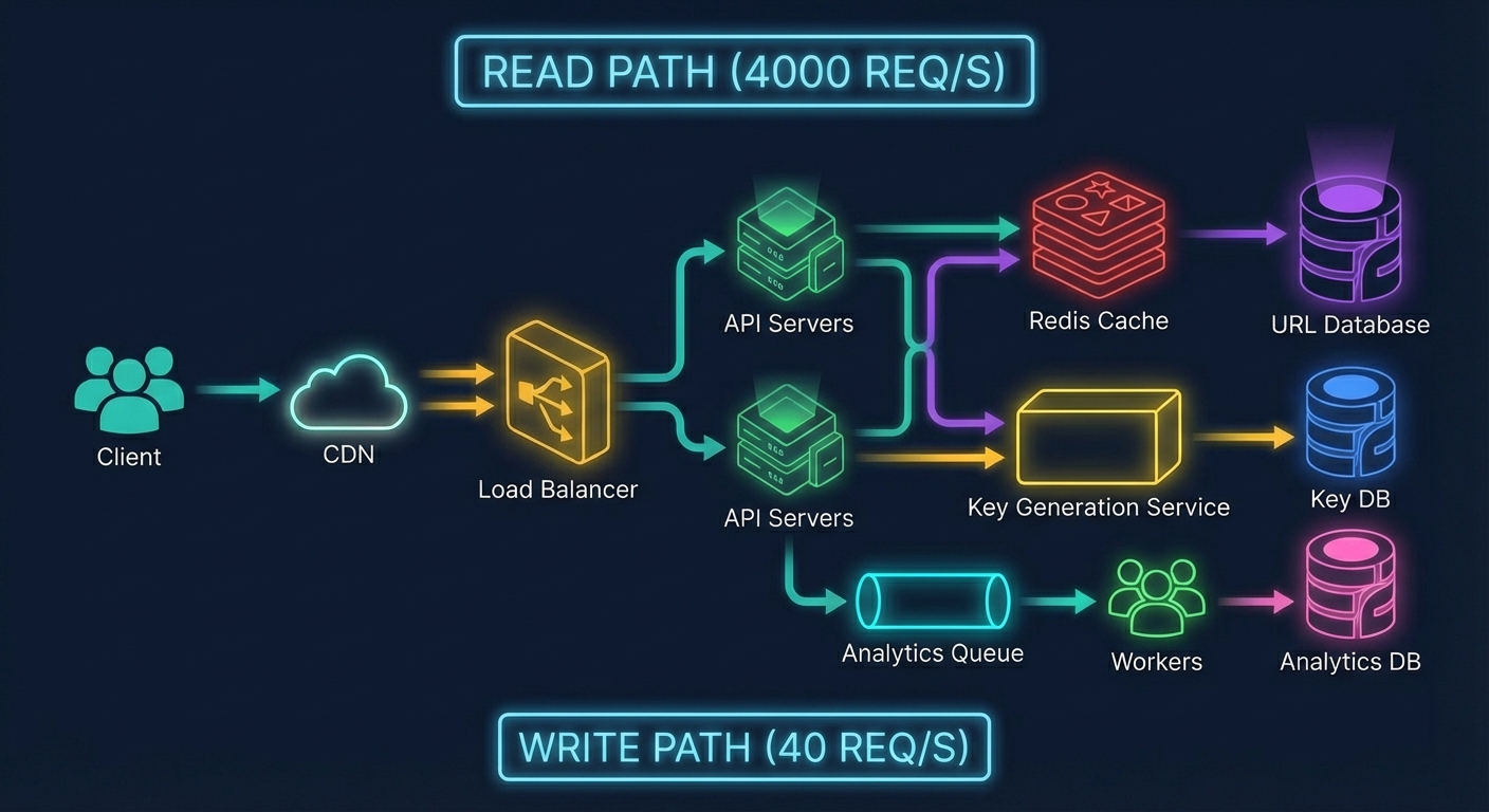 Complete URL shortener architecture with CDN, Load Balancer, APIs, Cache, Database, Key Service, and Analytics pipeline