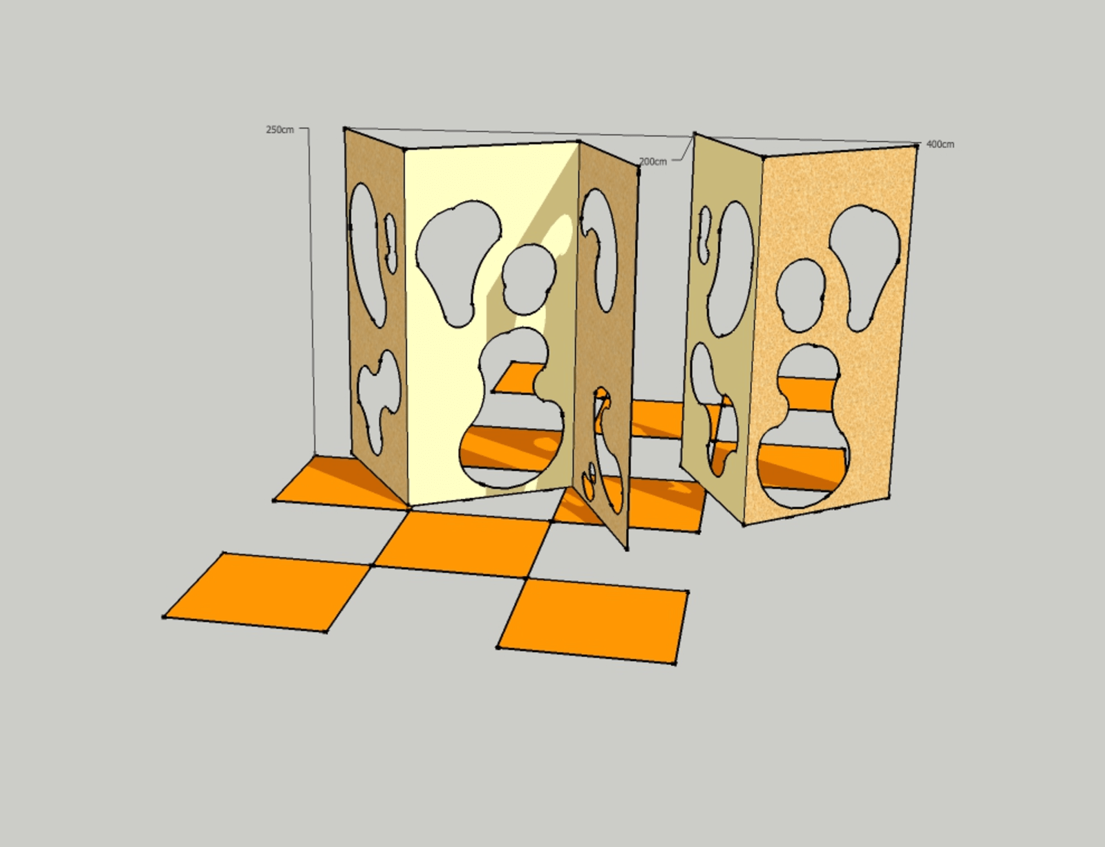 prepping the props - a 3D rendering shows yellow vertical surfaces with holes and orange horizontal squares - 3D rendering - paul lahana