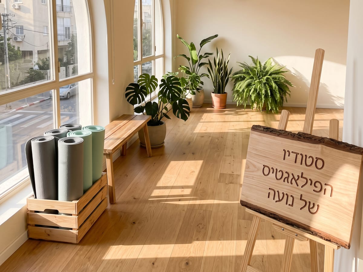 פנים הסטודיו: רצפת עץ, צמחים וחלונות מקושתים